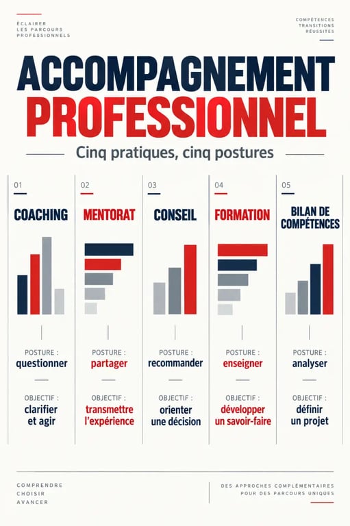 Accompagnement professionnel : comparaison visuelle du coaching, du mentorat, du conseil et de la formation