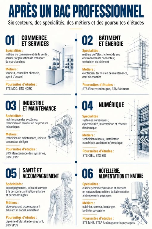 Infographie sur les métiers accessibles après un metier bac pro par secteur et spécialité