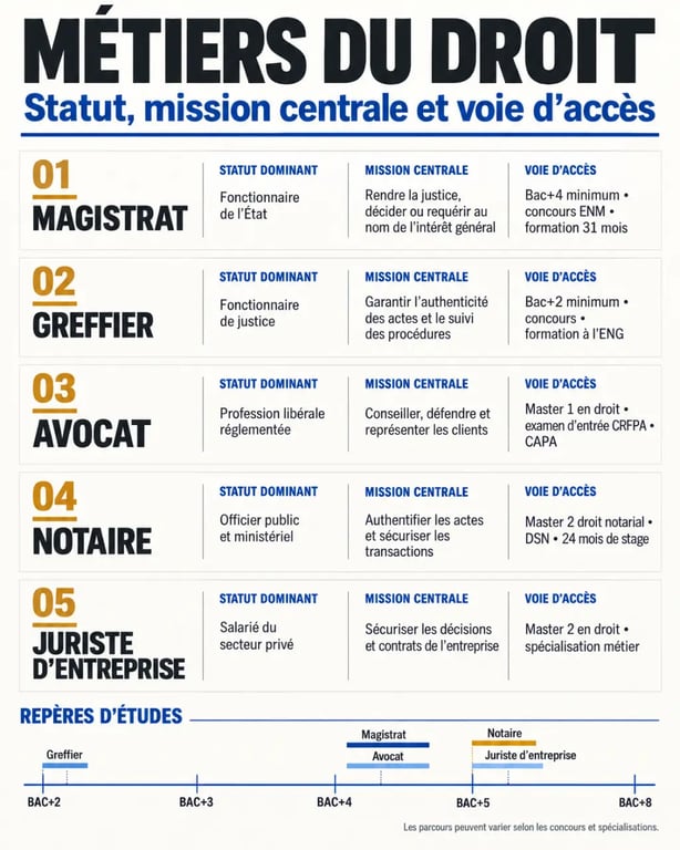 Infographie comparative des métiers du droit, de leurs statuts et de leurs voies d’accès