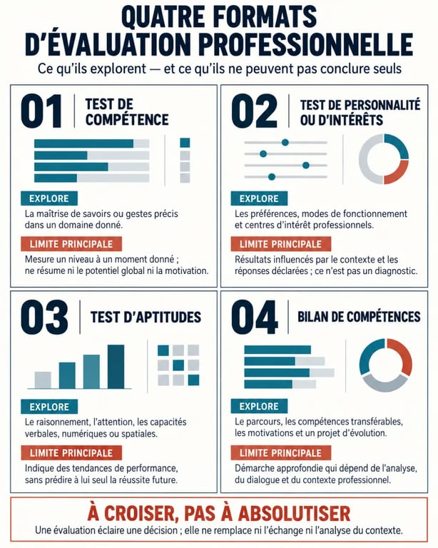 Test de compétence et comparaison avec test de personnalité, test d’aptitudes et bilan de compétences