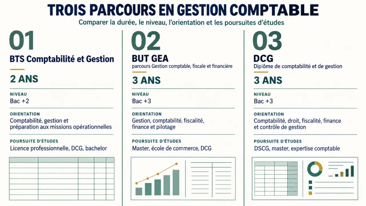 Infographie comparative des parcours de science de gestion comptable : BTS CG, BUT GEA GC2F et DCG