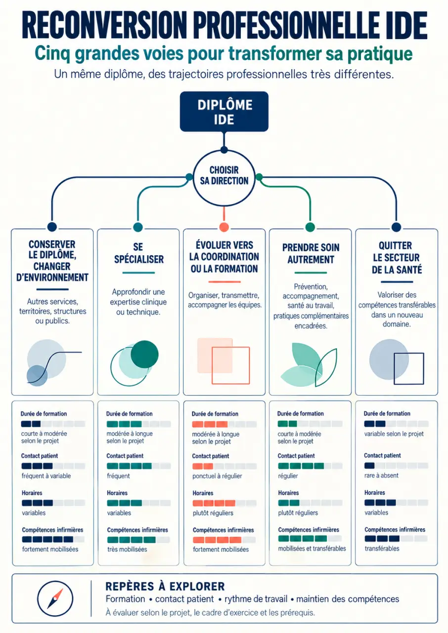 Reconversion professionnelle IDE : les principales voies pour évoluer dans ou hors du secteur de la santé