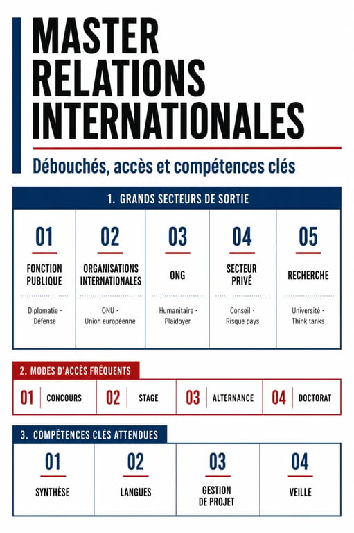 Débouchés master en relations internationales : infographie des secteurs, accès et compétences