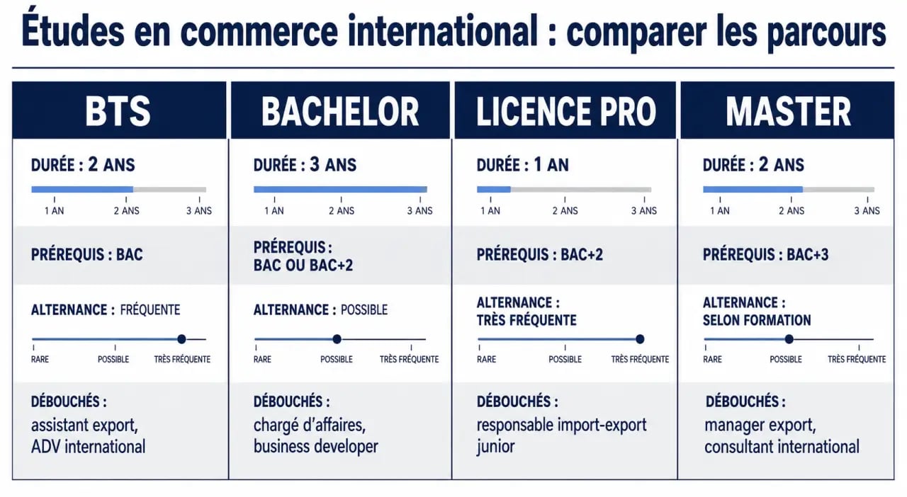 Commerce international études : comparatif visuel des parcours BTS, bachelor, licence pro et master