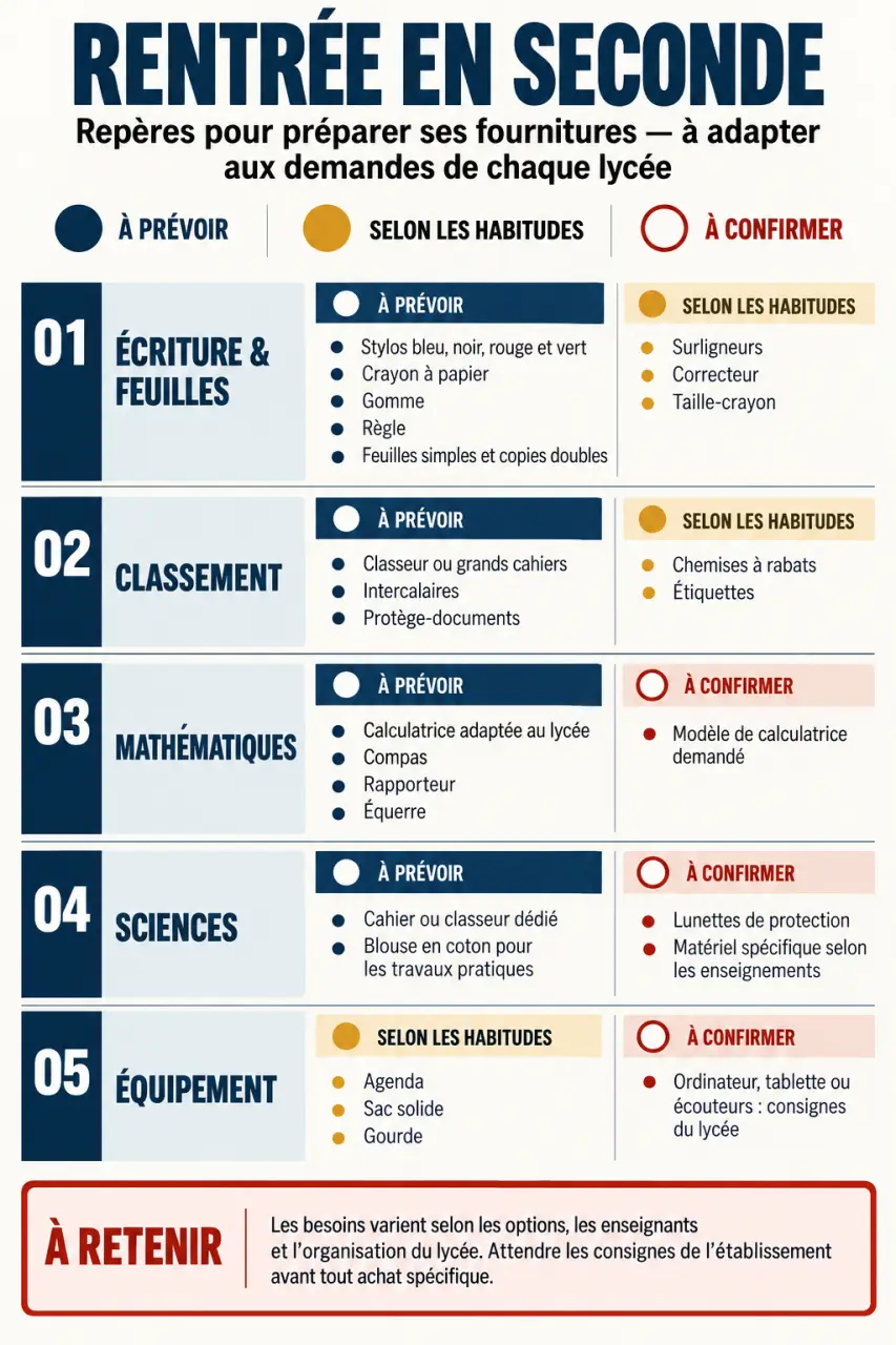 Infographie de fourniture seconde avec priorités pour la rentrée au lycée