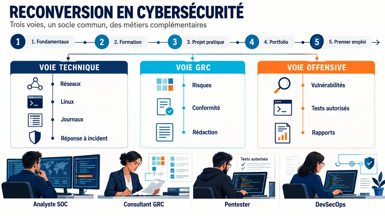 Parcours de reconversion cybersécurité entre métiers techniques, GRC et sécurité offensive