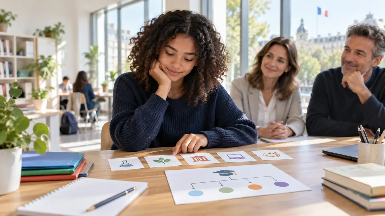 Lycéen réfléchissant au choix de ses spécialités avec des documents d'orientation
