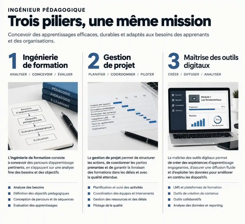 Les trois piliers du métier d'ingénieur pédagogique : ingénierie, gestion et outils digitaux.