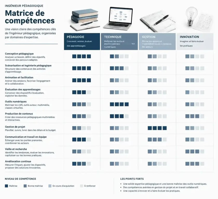 Matrice des compétences et outils clés pour devenir ingénieur pédagogique.