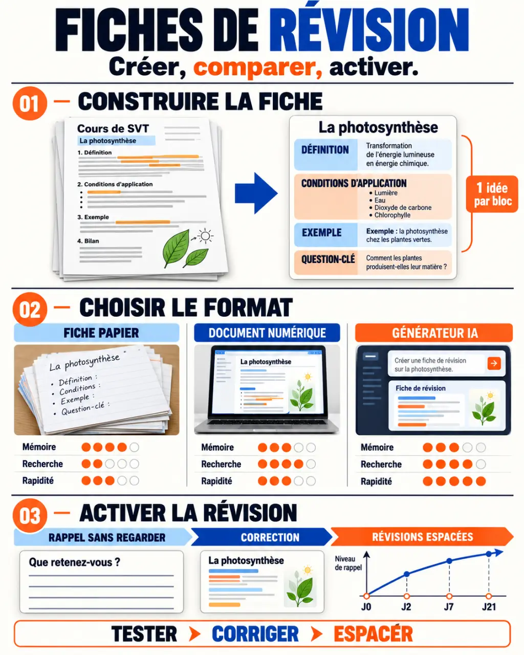 Infographie sur les fiches de révision, leur création et leur utilisation en rappel actif
